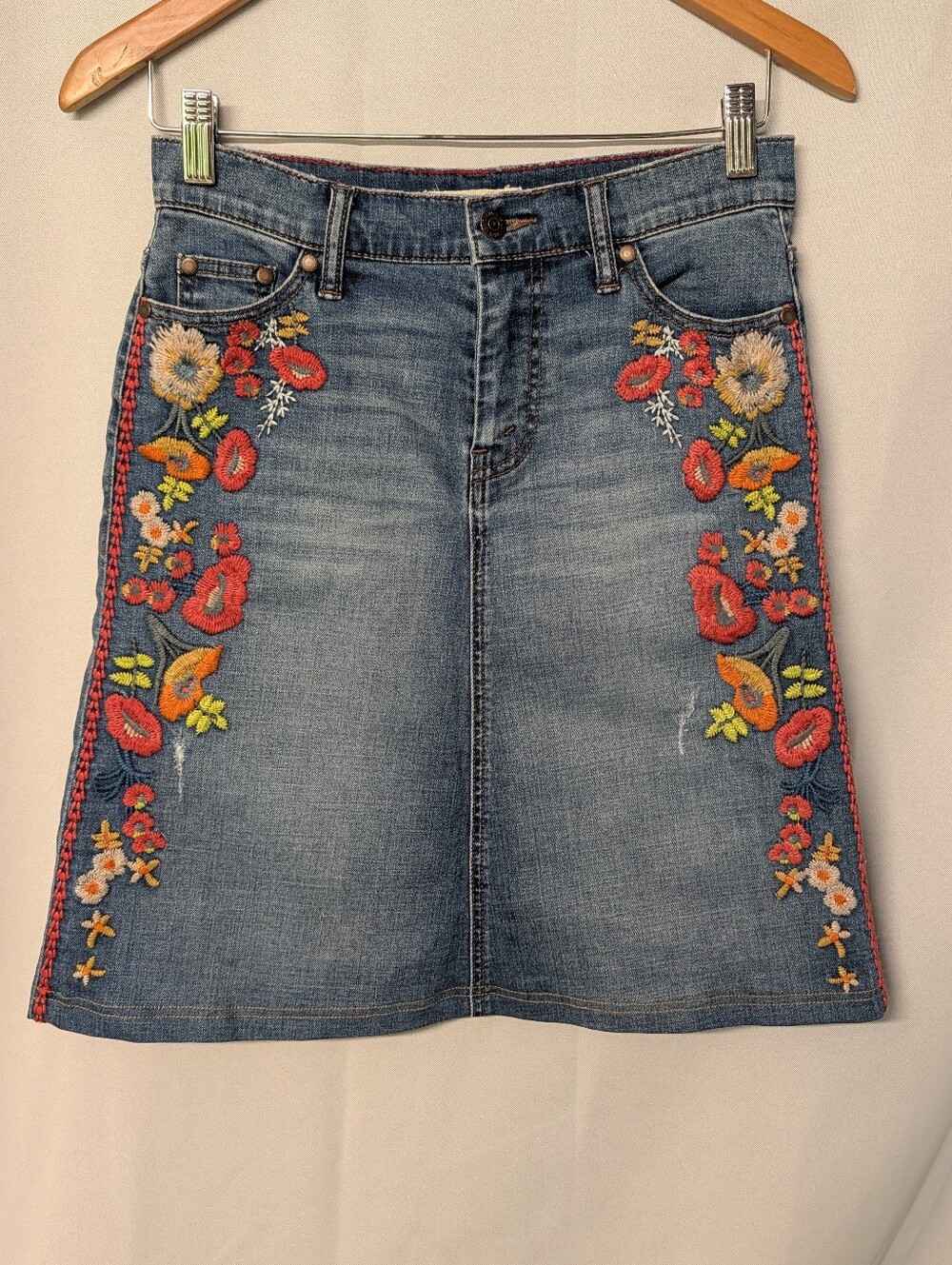 Johnny Was Denim A-Line Midi Skirt with Floral Embroidery Size 25
